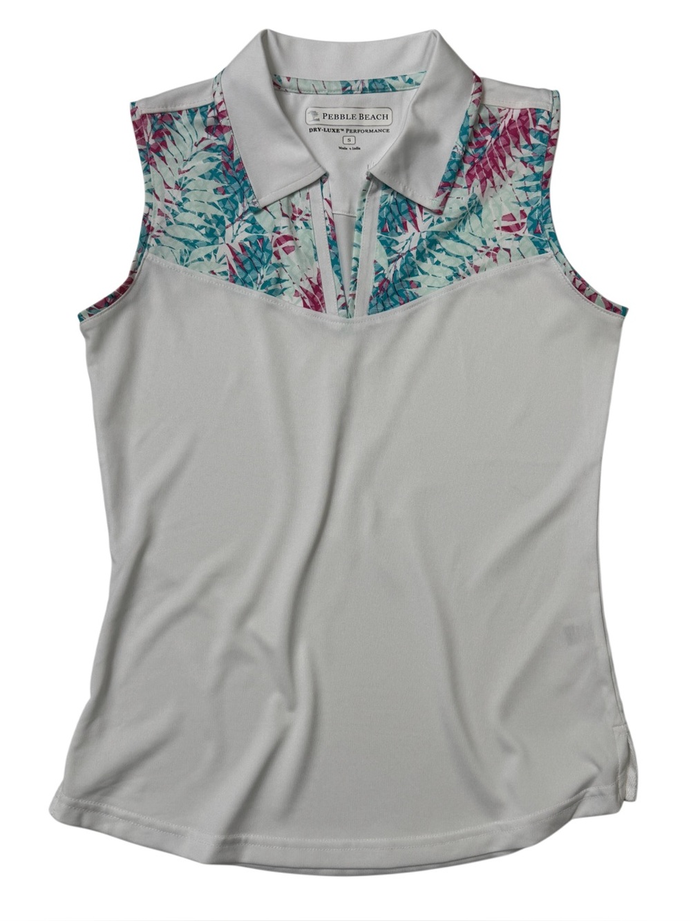 {Pebble Beach} White Teal Sleeveless V-Neck Tank Top Golf Polo Shirt WAT13